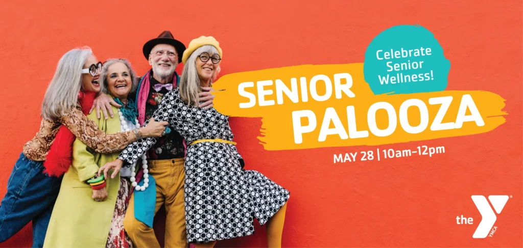 eccentric senior adults embracing in front of red wall with text: Senior Palooza - Celebrate Senior Wellness May 28 10am-12pm